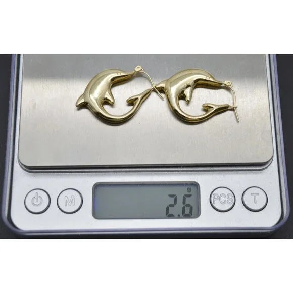 Real 10K Solid Yellow Gold 31mm Puffy Happy Dolphin Shape Hoop Earrings 2.6gr